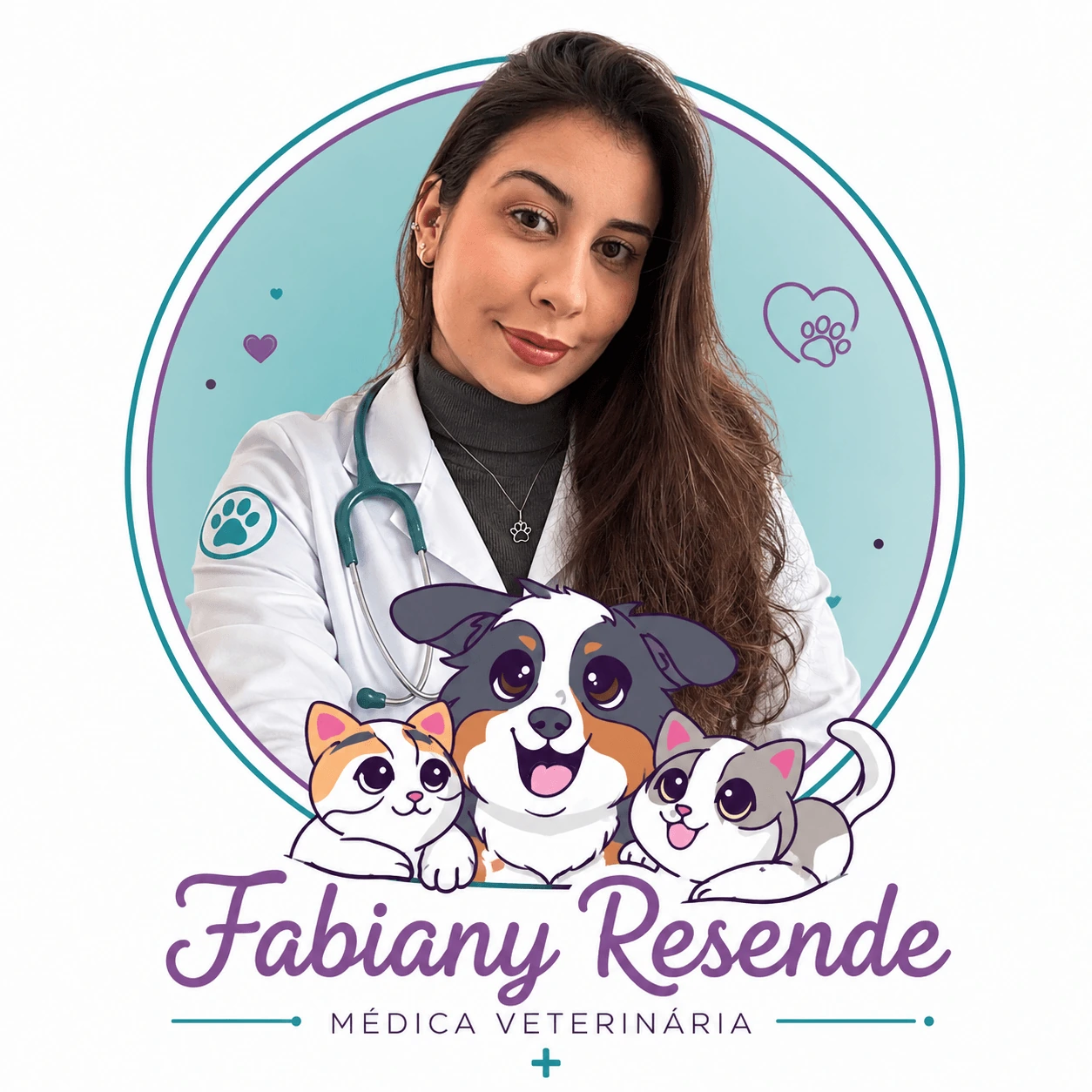 Marca da Dra. Fabiany Resende, médica-veterinária, com sua fotografia